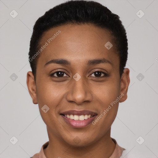 Joyful latino young-adult female with short  brown hair and brown eyes