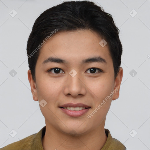 Joyful asian young-adult male with short  brown hair and brown eyes