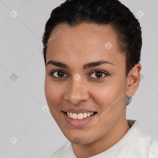 Joyful white young-adult female with short  brown hair and brown eyes