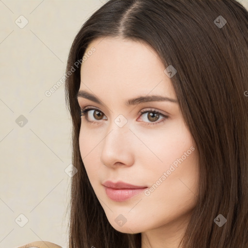 Neutral white young-adult female with long  brown hair and brown eyes