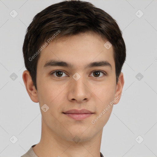 Neutral white young-adult male with short  brown hair and brown eyes