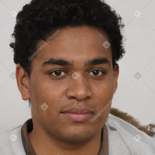 Joyful latino young-adult male with short  brown hair and brown eyes