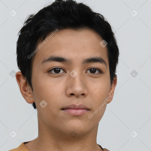 Neutral asian young-adult male with short  brown hair and brown eyes