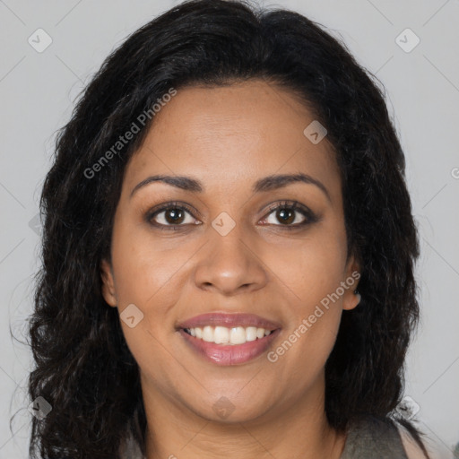 Joyful latino young-adult female with long  brown hair and brown eyes