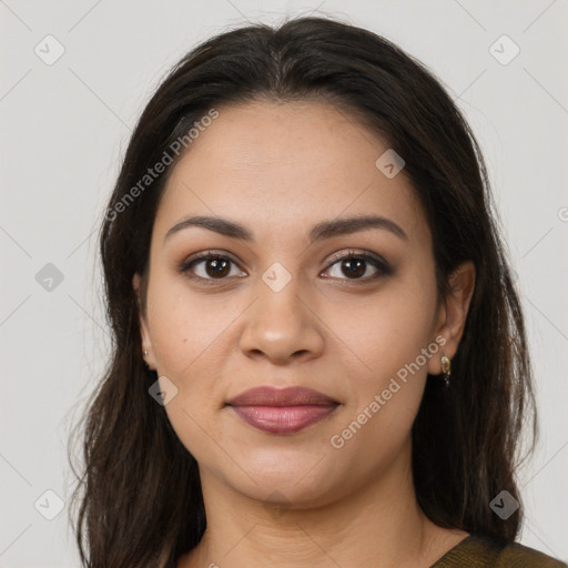 Joyful latino young-adult female with medium  brown hair and brown eyes