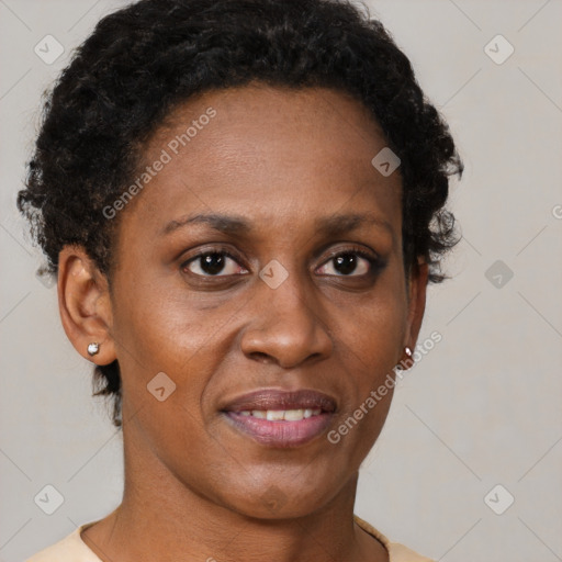 Joyful black adult female with short  brown hair and brown eyes