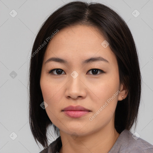 Neutral asian young-adult female with medium  black hair and brown eyes