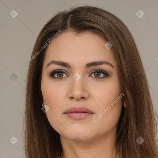 Neutral white young-adult female with long  brown hair and brown eyes