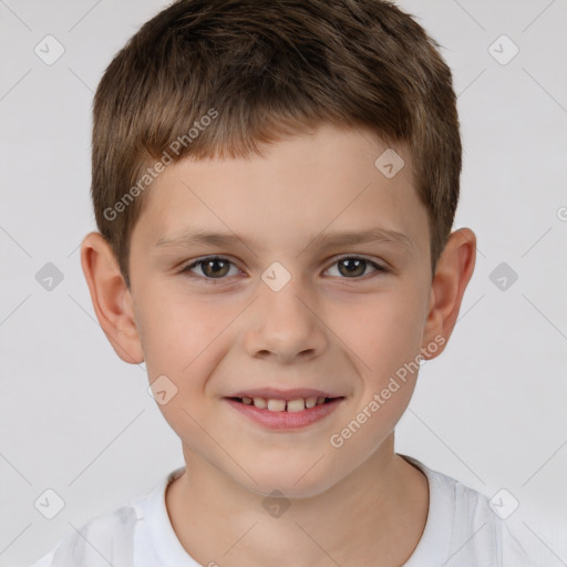 Joyful white child male with short  brown hair and brown eyes