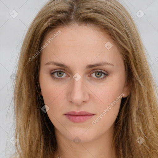 Joyful white young-adult female with long  brown hair and green eyes