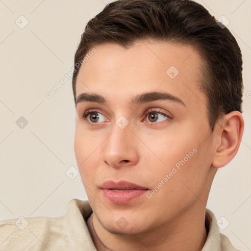 Neutral white young-adult male with short  brown hair and brown eyes