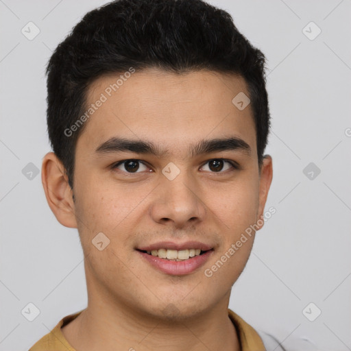 Joyful latino young-adult male with short  brown hair and brown eyes