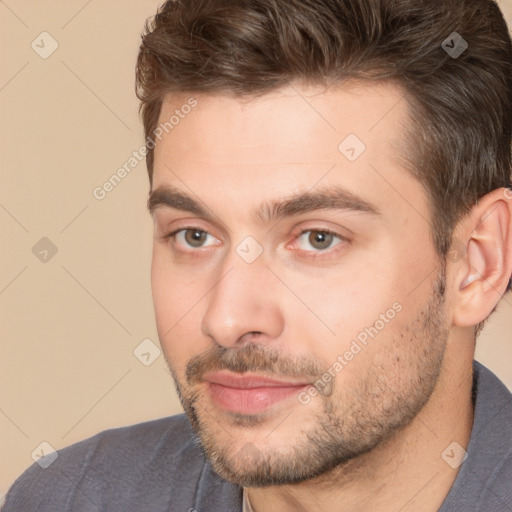 Neutral white young-adult male with short  brown hair and brown eyes