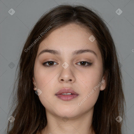 Neutral white young-adult female with long  brown hair and brown eyes