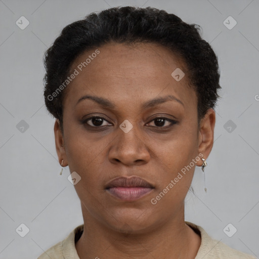 Neutral black young-adult female with short  black hair and brown eyes