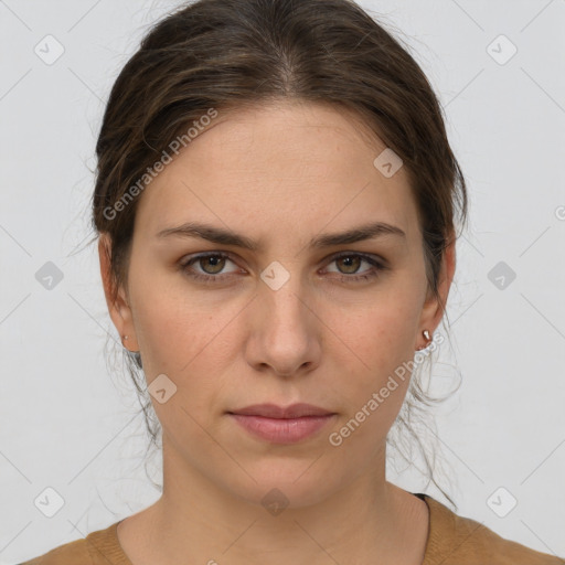 Neutral white young-adult female with medium  brown hair and brown eyes