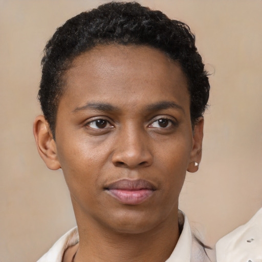 Neutral black young-adult female with short  black hair and brown eyes