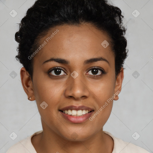 Joyful latino young-adult female with short  brown hair and brown eyes