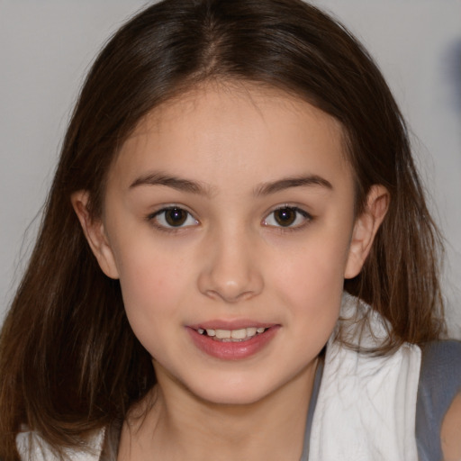 Joyful white child female with medium  brown hair and brown eyes