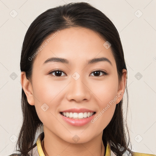 Joyful white young-adult female with long  brown hair and brown eyes