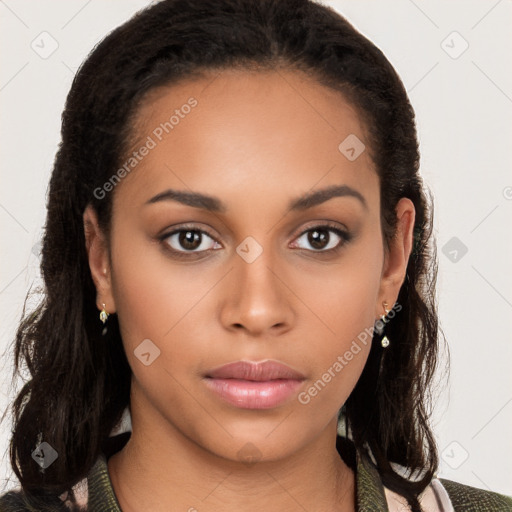 Neutral latino young-adult female with long  brown hair and brown eyes