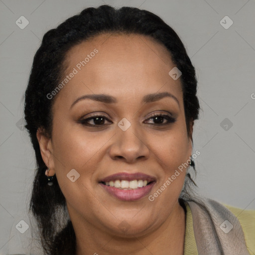 Joyful latino young-adult female with long  brown hair and brown eyes