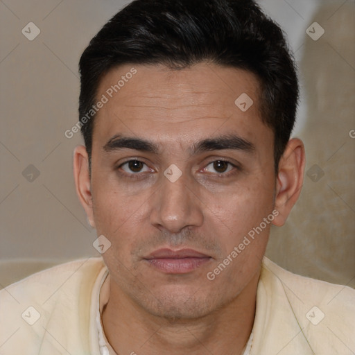 Joyful white young-adult male with short  black hair and brown eyes