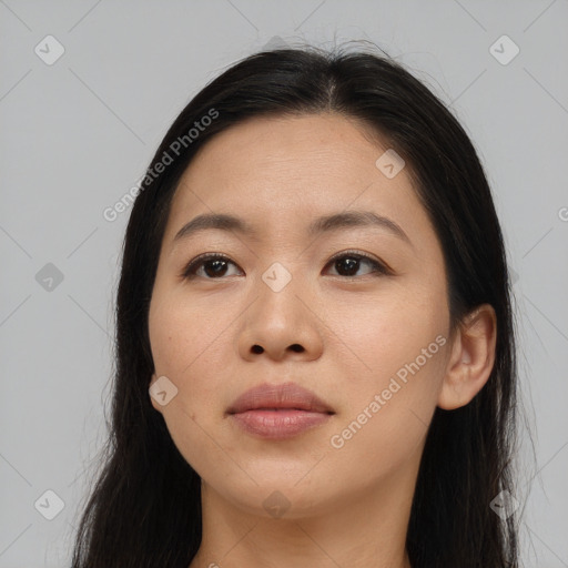 Neutral asian young-adult female with long  brown hair and brown eyes