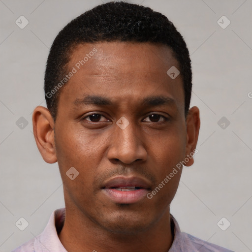 Neutral latino young-adult male with short  brown hair and brown eyes