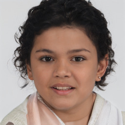 Joyful latino child female with short  brown hair and brown eyes