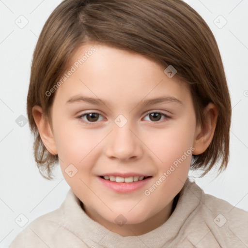 Joyful white child female with medium  brown hair and brown eyes