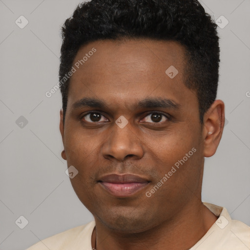 Neutral black young-adult male with short  black hair and brown eyes