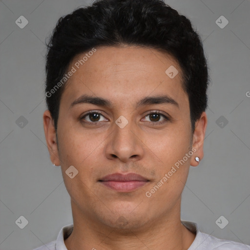 Neutral latino young-adult male with short  black hair and brown eyes