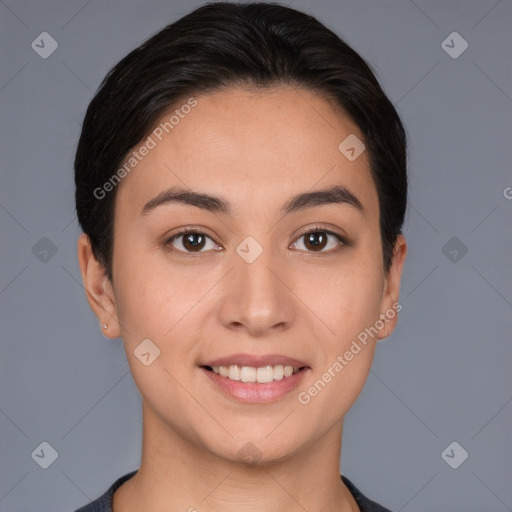 Joyful white young-adult female with short  brown hair and brown eyes