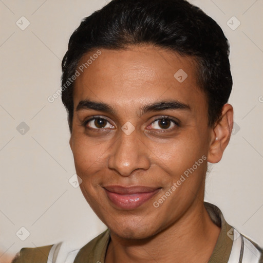 Joyful latino young-adult male with short  brown hair and brown eyes