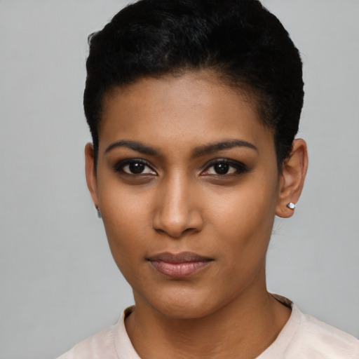 Neutral latino young-adult female with short  black hair and brown eyes