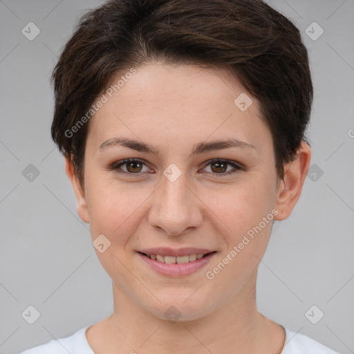 Joyful white young-adult female with short  brown hair and brown eyes