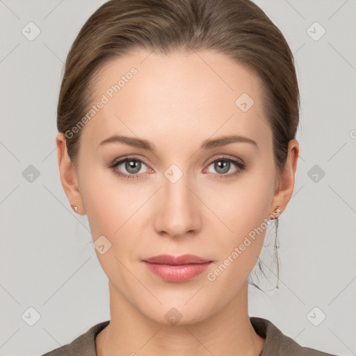 Neutral white young-adult female with medium  brown hair and grey eyes