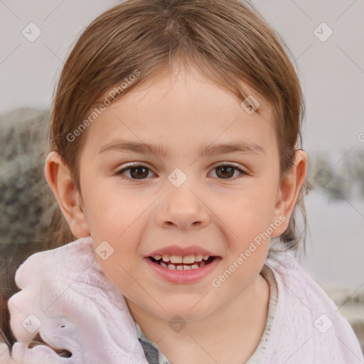 Joyful white child female with medium  brown hair and brown eyes