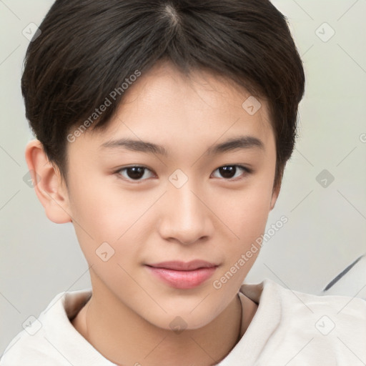 Joyful white child female with short  brown hair and brown eyes