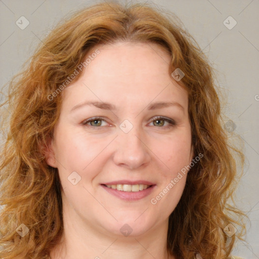 Joyful white young-adult female with medium  brown hair and green eyes