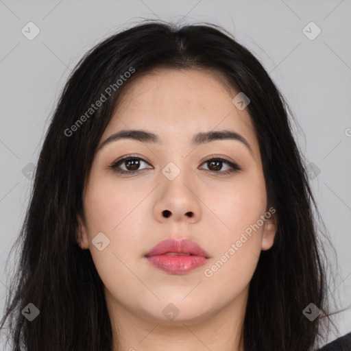 Neutral asian young-adult female with long  brown hair and brown eyes