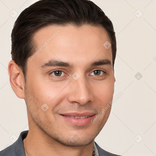 Joyful white young-adult male with short  brown hair and brown eyes