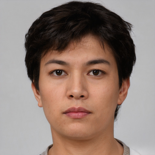 Neutral asian young-adult male with short  black hair and brown eyes