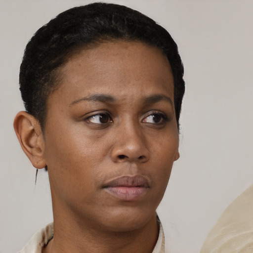 Neutral black young-adult female with short  brown hair and brown eyes