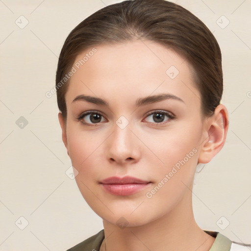 Neutral white young-adult female with short  brown hair and brown eyes