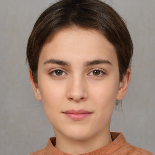 Neutral white young-adult female with short  brown hair and brown eyes