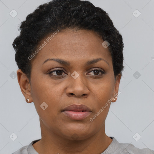 Neutral black young-adult female with short  brown hair and brown eyes