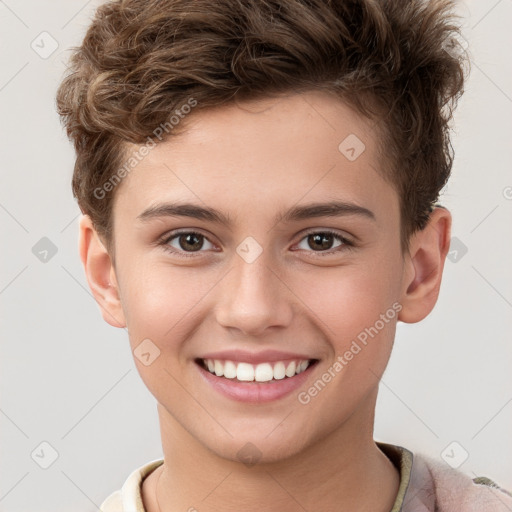 Joyful white child male with short  brown hair and brown eyes