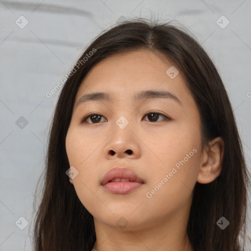 Neutral asian young-adult female with long  brown hair and brown eyes